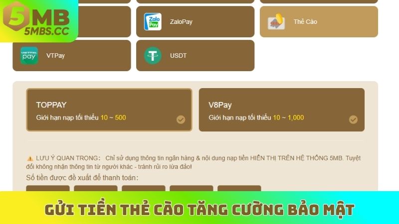 Gửi tiền thẻ cào tăng cường bảo mật